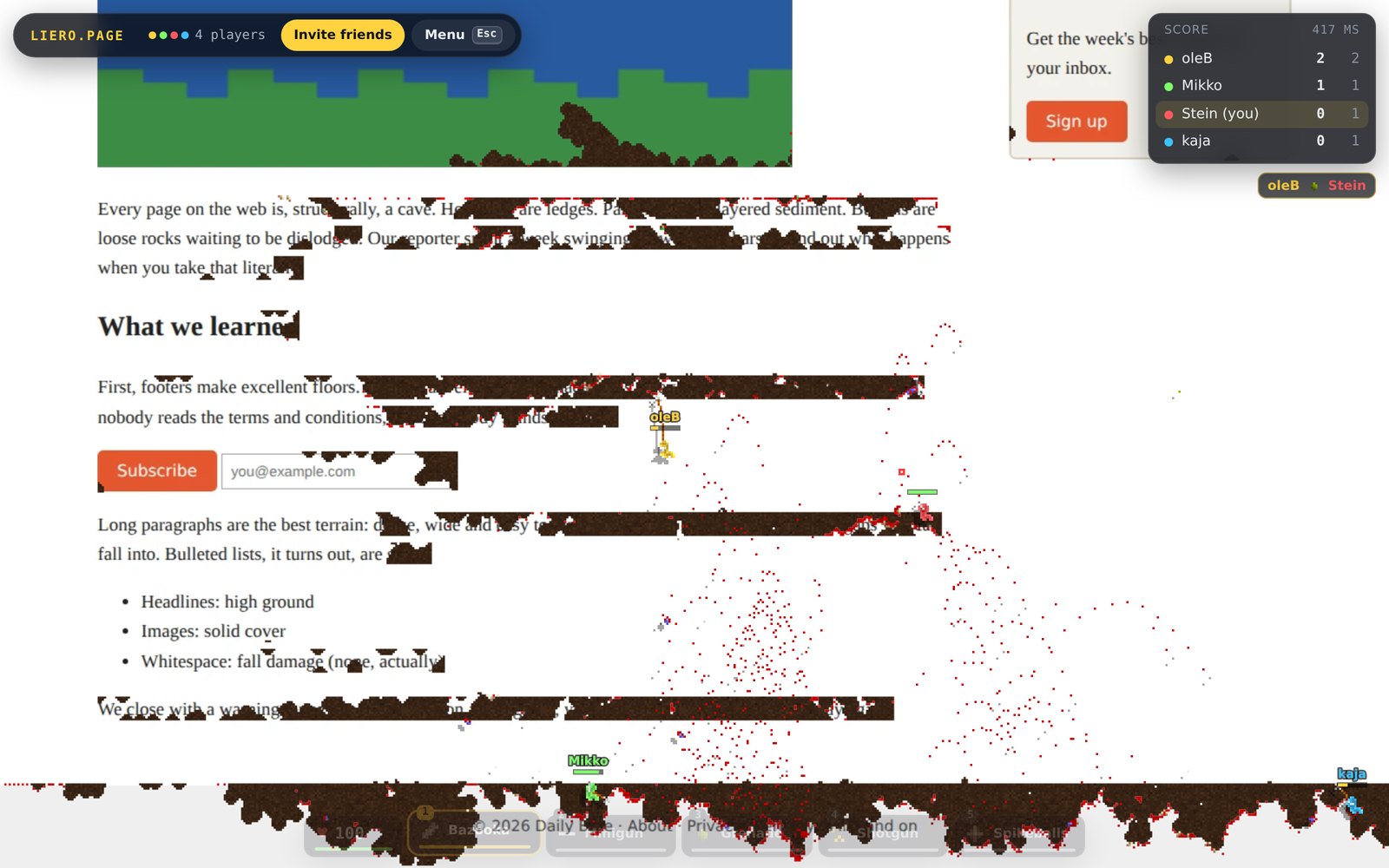 Two worms fighting on a news article: craters through the text, a ninja rope swinging from a paragraph.