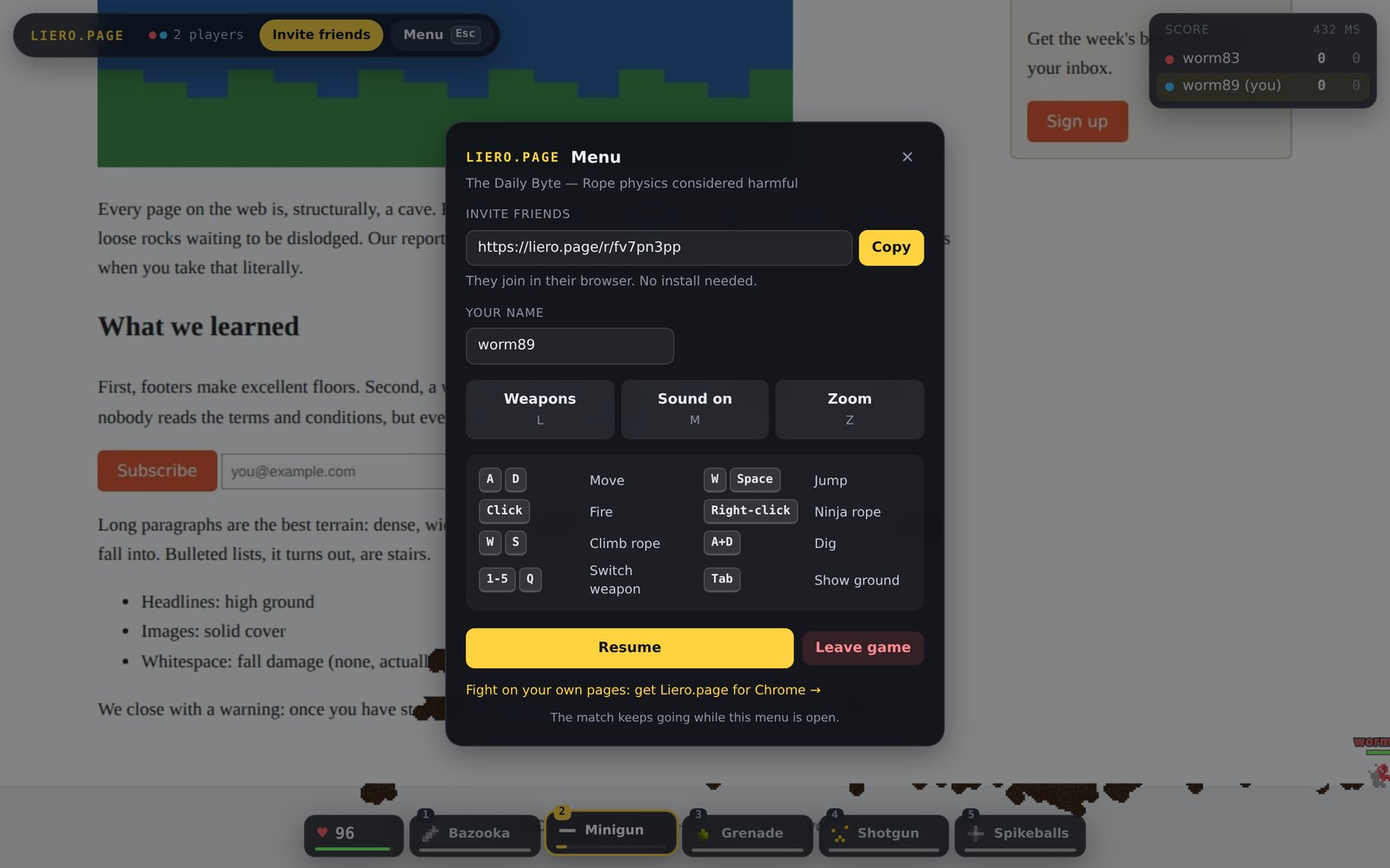 The in-game menu with the invite link, your name and the controls.