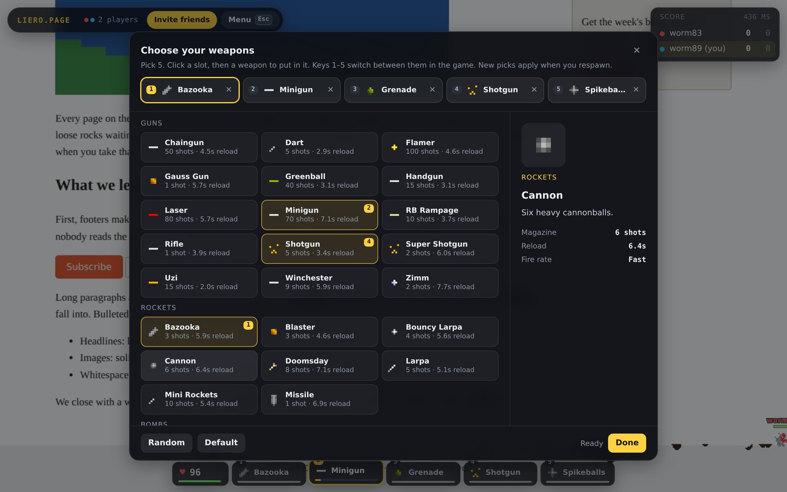 The weapon picker: 40 weapons grouped into guns, rockets, bombs and traps.